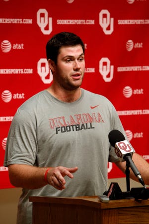 OU COLLEGE FOOTBALL: Gabe Ikard (64) speaks with the media during the Meet the Sooners event inside Gaylord Family/Oklahoma Memorial Stadium at the University of Oklahoma on Saturday, Aug. 4, 2012, in Norman, Okla. Photo by Steve Sisney, The Oklahoman