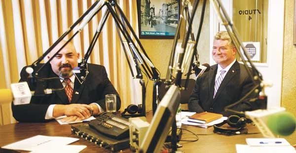 Photo by Amy Paterson/New Jersey Herald - Democrat Richard Tomko and Republican State. Sen. Steve Oroho debate Oct. 29 at WRNJ radio.