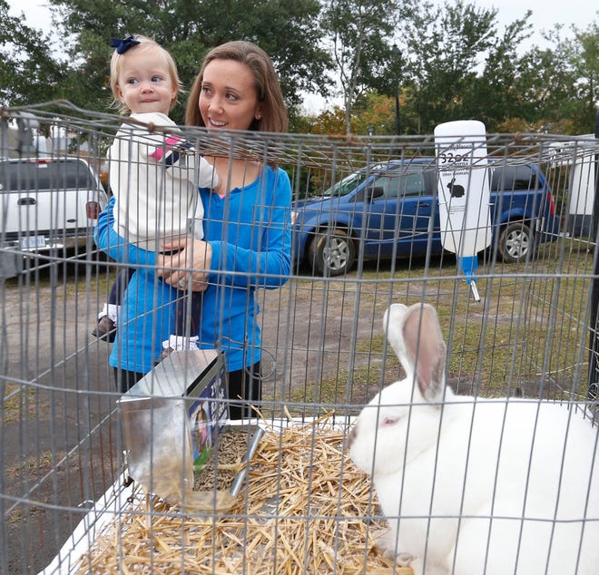 Elizabeth Swicegood and her 1-year-old daughter Mary Ella check out a bunny during Farm City Day at the Farmer’s Market in New Bern.