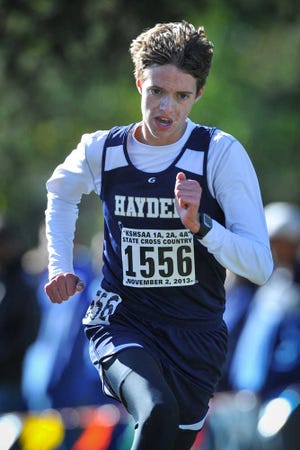 Hayden's Jacob Klemz finishes the boys 4A state cross country meet in Wamego on Saturday morning.