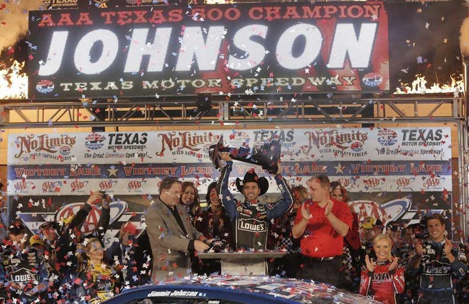 Brandon Wade Associated Press Jimmie Johnson celebrates winning the Sprint Cup Series race on Sunday at Texas Motor Speedway in Fort Worth, Texas.