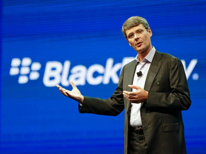 Thorsten Heins, president and CEO at BlackBerry, speaks at a conference on May 14 in Orlando, Fla. BlackBerry abandoned its sale process on Monday, and announced it will replace Heins. Fairfax, BlackBerry's largest shareholder with a 10 percent stake, said it won't buy the struggling smartphone company and take it private but said it and other investors will inject $1 billion as part of a revised investment proposal.
