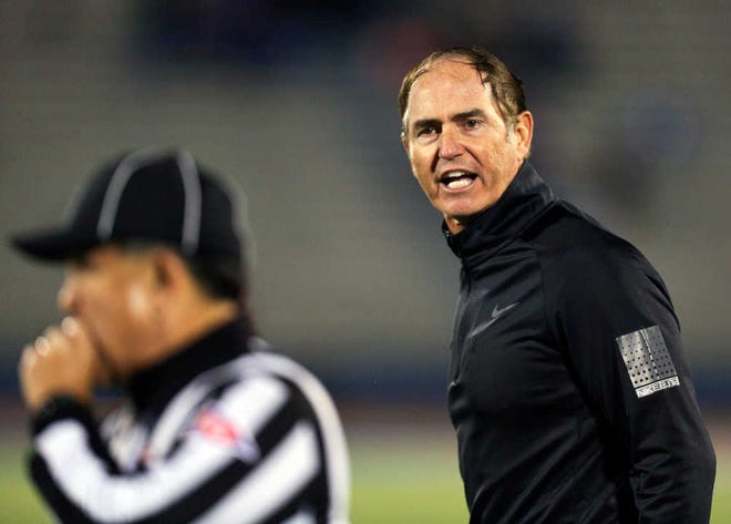 Baylor head coach Art Briles yells at an official during their Bears' game against the Kansas Jayhawks on Oct. 26 in Lawrence, Kan. Baylor won 59-14.