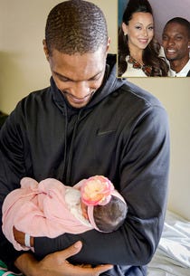 Chris Bosh holding Dylan Skye Bosh, Chris and Adrienne Bosh (inset) | Photo Credits: April Belle Photos via Getty Images; Alexander Tamargo/Getty Images