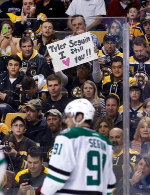 Stars and former Bruins center Tyler Seguin was back in Boston on Tuesday.