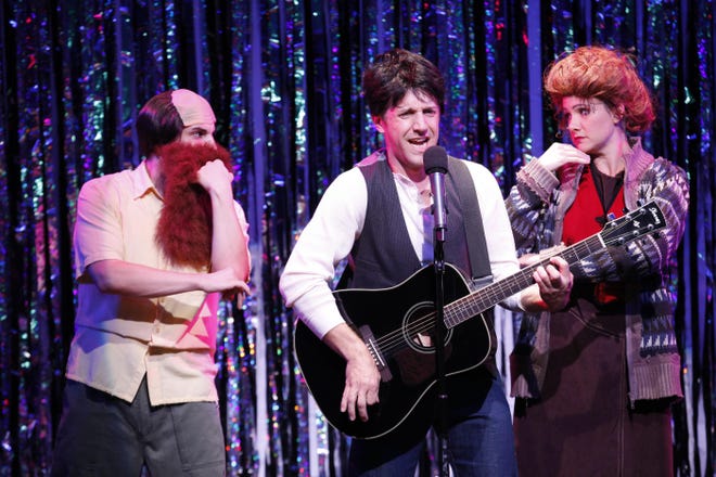 From left, Marcus Stevens, Scott Richard Foster and Natalie Charle Ellis (not in Charlotte show) perform the ‘Once’ number during ‘Forbidden Broadway: Alive & Kicking.’