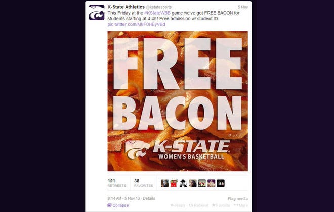 The Kansas State University women's basketball team is drawing students to attend the Friday game with promises of free bacon.