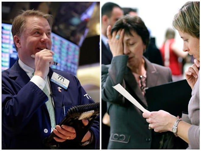 Trader F. Hill Creekmore, left, smiles as he works on the floor of the New York Stock Exchange,, and Ann Oganesian, right, pauses as she speaks about job opportunities during a job fair in Boston .