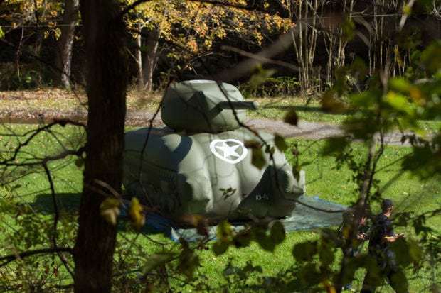World War II soldiers looking through the trees would have barely been able to make out that the tank they were seeing was really an inflatable. This replica of the Ghost Army tank was created by Toni McKay, an Ellwood City native.
