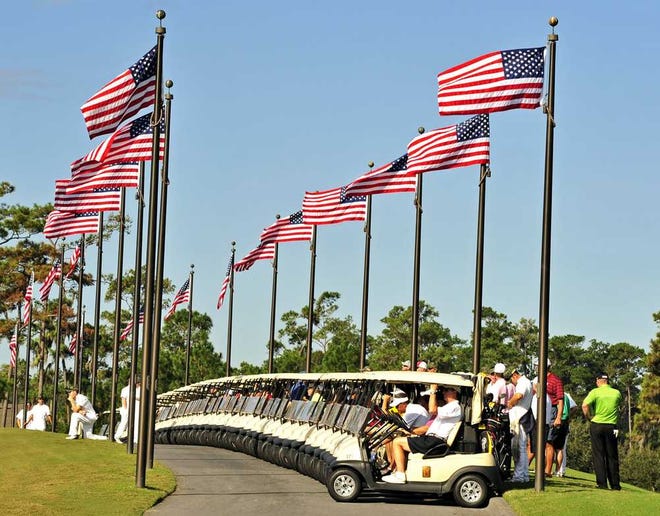 Jennifer Perez PGA Tour  Golf carts are full and ready to start the Birdies for the Brave opening ceremony on the lawn at TPC Sawgrass on Veterans Day in Ponte Vedra Beach.