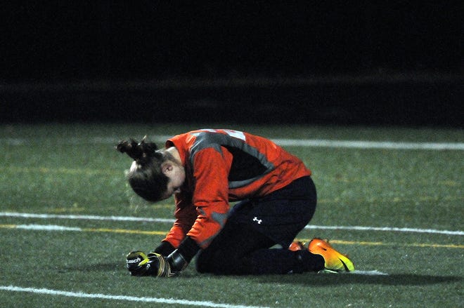 Franklin goalkeeper Dani Lonati reacts after the Panthers' 2-1 loss to Newton North in the Division 1 state semifinals on Tuesday evening.