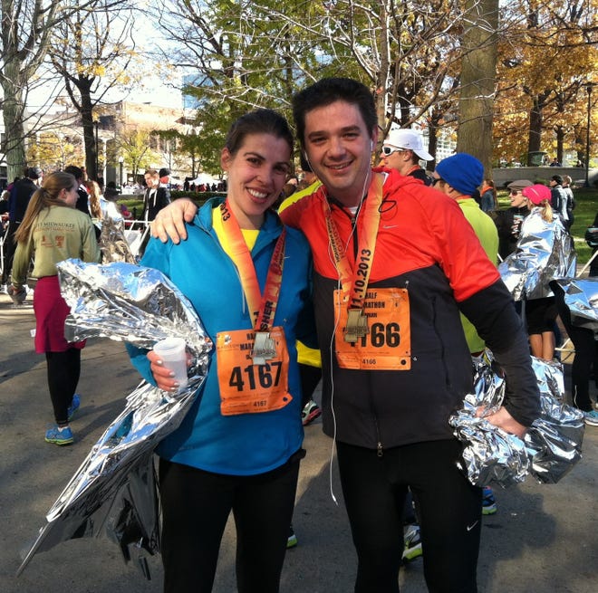 Dorothy and Brian Wallheimer at the finish line of the Madison Half Marathon on Nov. 10, 2013.
