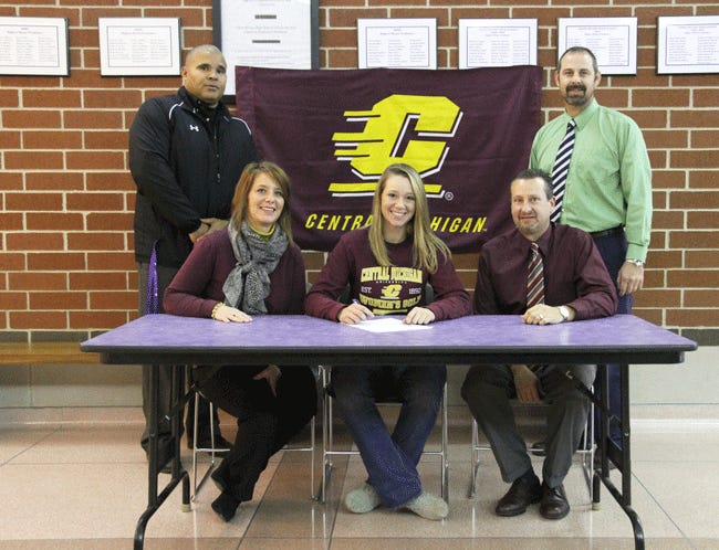 Holly Hines of Three Rivers recently signed a letter of intent to play golf at Central Michigan University. She is pictured front with her mother Laurie and father Scott. Back are TR athletic director Pete Anderson and TR girl's golf coach Phil Webb.