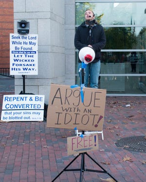 "Argue With an Idiot," an installation by Salem artist Robert Goss-Kennedy that provides a megaphone to counter the street preachers on Essex Street.
