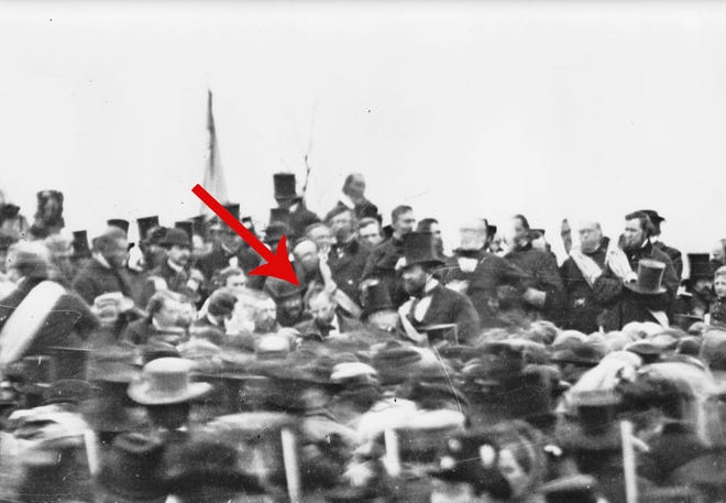 President Abraham Lincoln, center, is shown in one of the few images of him at Gettysburg, Pa., where he made his famous address on Nov. 19, 1863.