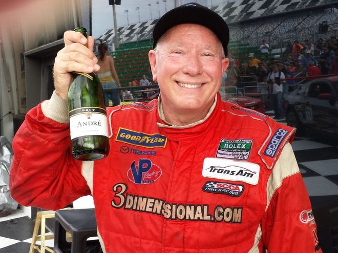 Daytona Trans-Am winner Doug Peterson celebrates in Victory Lane.
