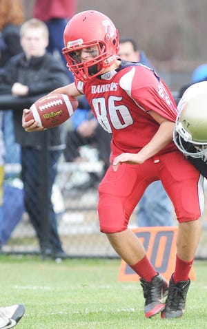 Bridgewater's Paul Vieira makes a catch during Sunday's game at Legion Field in Bridgewater.