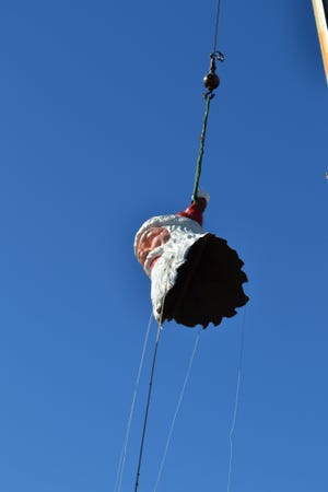 Workers from B&D Construction and the city’s parks and cemeteries department hoisted Santa upon his perch on the Taunton Green Tuesday morning.