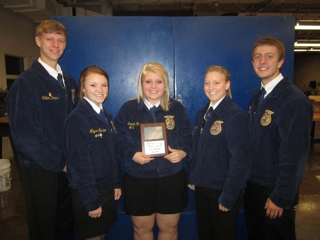 The Canton FFA Chapter participated in the ag sales contest on Nov. 12. The team placed second overall as a team. Individually, Colton Downs placed first in customer relations, Allyson Rumler placed first in telephone sales, Max Havens placed third in sales presentation, Dakota Coonrod fifth in product display and Cassidy Tarter placed fifth in advertisement. The next contest the chapter plans to participate in is the Grains Contest. From left, team members are Colton Downs, Allyson Rumler, Dakota Coonrod, Cassidy Tarter and Max Havens.