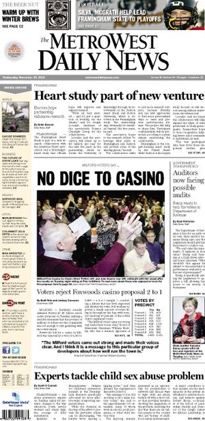 Front page of the MetroWest Daily News for 11/20/13