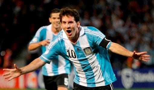Argentina's Lionel Messi celebrates after scoring against Uruguay during a World Cup 2014 qualifying soccer match in Mendoza, Argentina.