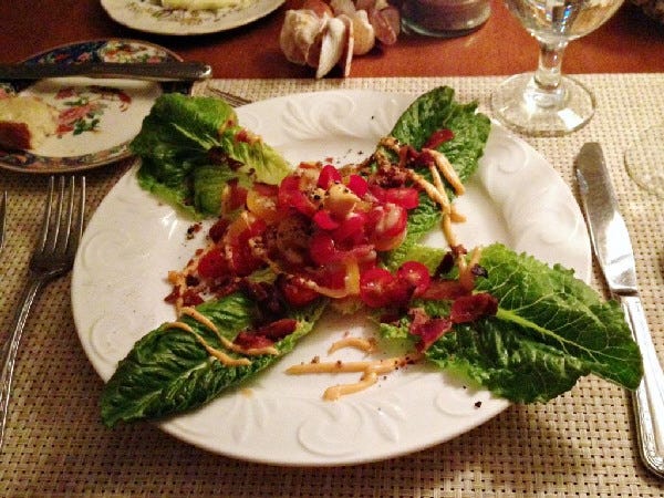 The BLT crunch salad ($13) at Bramble Inn was was beautifully presented in the shape of a flower. Four romaine leaves fanned out on the plate with sliced red and yellow grape tomatoes forming the center. The salad had chopped bacon and Grape-Nuts sprinkled on top for the crunch factor in the name. Smoked paprika mayonnaise was drizzled in an artful circle around the salad. It was delicious.