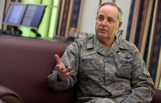 Air Force Chief of Staff Gen. Mark Welsh talks to a reporter Wednesday in his office at the Pentagon. Trouble inside the Air Force's nuclear missile force runs deeper and wider than officials have let on. An unpublished study for the Air Force obtained by The Associated Press cites “burnout” among launch officers with their finger on the trigger of 450 weapons of mass destruction.