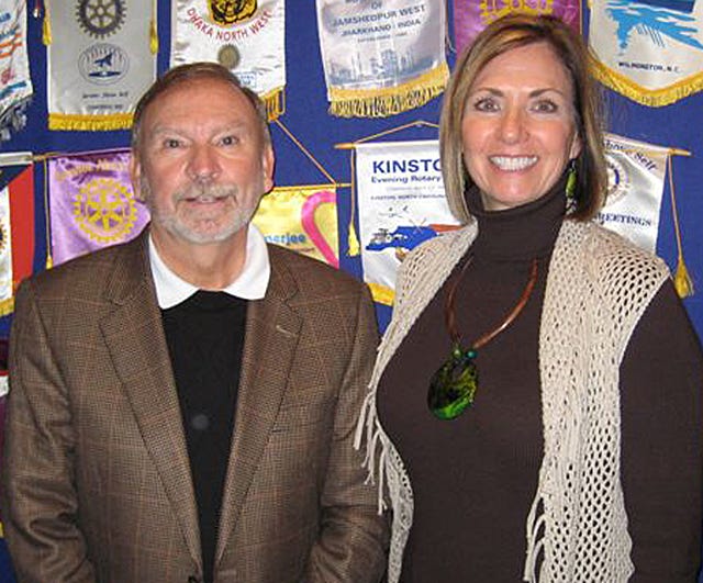 Lenoir County Commissioner J. Mac Daugherty upgraded Kinston Evening Rotary club members on the U.S. 70 Bypass alternatives. Club President Karen Sperari introduced him to the members.