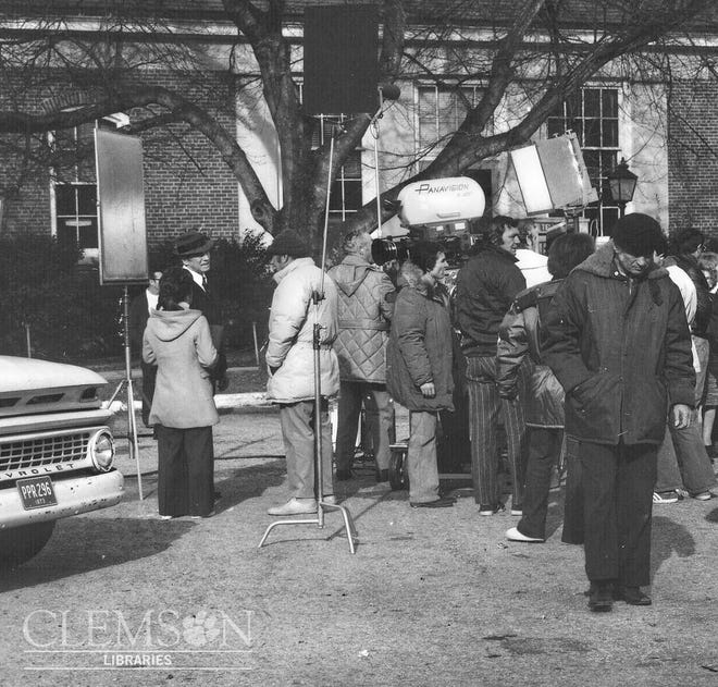 Burt Lancaster filming scenes from “Midnight Man” on the campus of Clemson University.