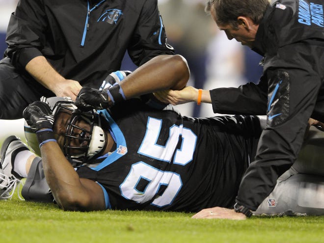 The Carolina Panthers will be without star defensive end Charles Johnson Sunday in Miami.