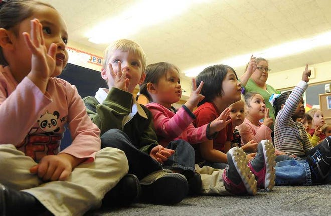 Michael Schumacher / AGN Media Students Bella Ramirez, 3, from left, Gavin Yarber, 3, Bella Garcia, 3, Santiago Arroyo, 4, Jessi Cole, 3, Anai Contreras, 4, Anilah Johnson, 3, Andri Williams, 3, Abigale Silvestre, 3 and Bayleigh Wright, 4 practice their counting skills in Mrs. Kim Chambers class at the First Presbyterian Church Opportunity School Friday, Nov. 22, 2013. Ms. Sarah Loe is helping in the background.