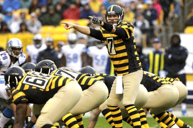 Pittsburgh Steelers quarterback Ben Roethlisberger (7) calls signals at the line of scrimmage in the first half of an NFL football game against the Detroit Lions in Pittsburgh, Sunday, Nov. 17, 2013. The Steelers won 37-27. (AP Photo/Gene J. Puskar)