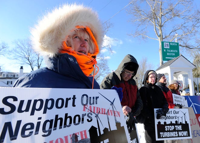 Louise Barteau of Fairhaven joined Falmouth protesters to show their opposition to wind turbines in January.