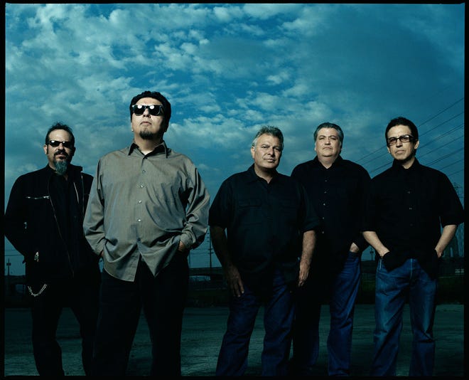 Members of the east Los Angeles band Los Lobos are, from left, Steve Berlin, Cesar Rosas, Conrad Lozano, David Hidalgo and Louie Perez. The band recently celebrated its 40th anniversary.