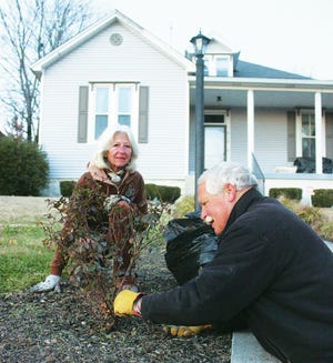 Dorli, left, and Ray Brandt new to Columbia prepare their rose bushes for winter Sunday evening. They recently moved to Columbia from Brentwood.