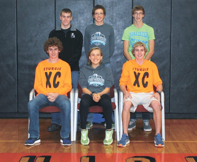 Earning SMAC awards for this season on the Sturgis cross country team were (front, from left) Grant Brown, Peyton Boughton and Shawn Bell. Back row Trever Sprowls, Terry Stahl and Daniel Steele.