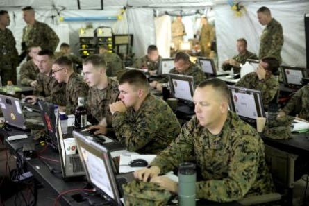 Marines and sailors with 2nd Marine Division Headquarters Battalion train in a command post exercise aboard Camp Lejeune.