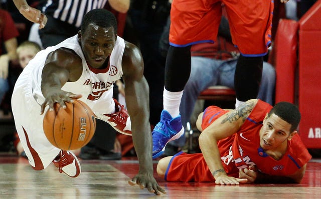 Photo by Marc F. Henning
Arkansas' Alandise Harris dives for a loose ball in front of Southern Methodist's Nic Moore during the Razorbacks' game Monday, Nov. 18, 2013, against the Mustangs at Bud Walton Arena in Fayetteville, Ark. 
 Arkansas' Alandise Harris (2) drives the ball in the first half against Louisiana during an NCAA college basketball game in Fayetteville, Ark., Friday, Nov. 15, 2013. Arkansas won 76-63. (AP Photo/Sarah Bentham)