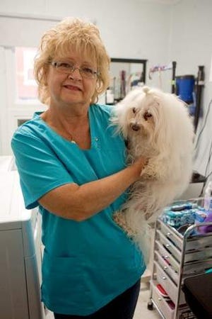 Vicki Johnson holds her Maltese, Buddy, inside of her new business WeeOnes Lil Dog Spa at 205 S. Broad St. in Knoxville.