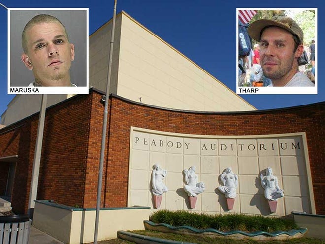 Jeremy Maruska, left inset, has been charged with 2nd degree murder for killing Dylan Tharp, right. Tharp's body was found on the roof of the Peabody Auditorium a year ago.