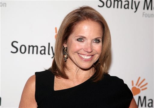 This Oct. 23, 2013 file photo shows TV host Katie Couric at the Somaly Mam Foundation Gala in New York. Couric is joining Yahoo to anchor a news program for the Internet company as it tries to expand its audience and sell more advertising. An announcement on Monday, Nov. 25, confirms recent published reports that Couric would diversify into online video programming after spending decades in broadcast television as a talk-show host and news anchor. The 56-year-old Couric will continue to host her daytime talk show, "Katie," on ABC even after she becomes Yahoo's "global anchor" beginning next year.