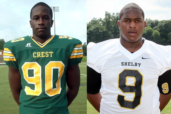 Crest defensive end Chris Willis, 90, and Shelby linebacker Garrion Addison, 9, shared Cleveland County Player of the Week honors after standout efforts in their team's second-round playoff victories.