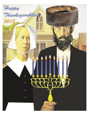ModernTribe.com/The Associated Press
An image released by ModernTribe.com shows a spoof on Grant Wood's “American Gothic” celebrating Thanksgiving and Hanukkah.