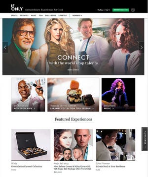 This screen image shows the homepage for IfOnly.com, a website where you can buy encounters with stars in the culinary, sports and entertainment world, with part of the proceeds going to charity.