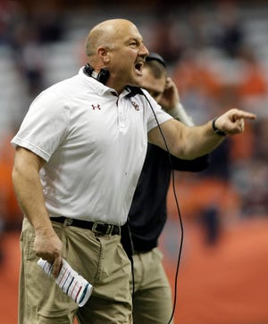Boston College head coach Steve Addazio yells to his players in the second half of the Eagles' 34-31 loss to host Syracuse on Saturday.