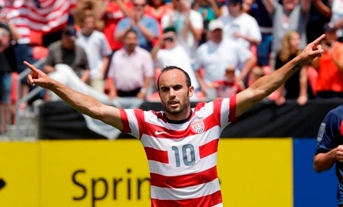 Landon Donovan of the U.S. national team gestures after scoring on a penalty kick during a CONCACAF Gold Cup soccer game against Cuba on July 13, 2013.
