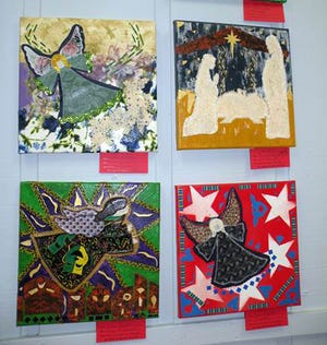 Holiday-themed collages by Yvonne Bayham on display in the Santa’s Shop at the Depot Gallery of River Region Art Association.