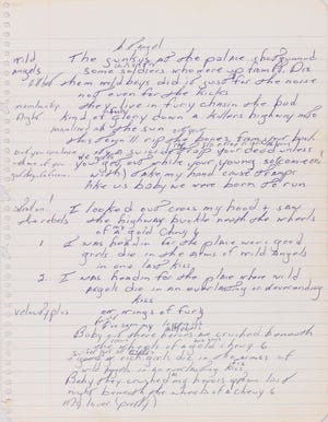This image released by Sotheby's shows a page from a handwritten manuscript of Bruce Springsteen's 1975 hit "Born to Run." The handwritten, working lyric sheet for Bruce Springsteen's 1975 hit "Born to Run" could sell for as much as $100,000 on Thursday Dec. 5, 2013, Sotheby's has predicted. (AP Photo/Sotheby's, File)