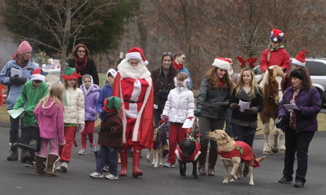 Members of the 4-Ever Amigos 4-H Club go caroling on foot and horseback Sunday in the Bradford section of Westerly.