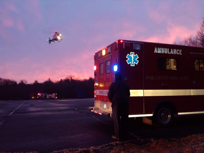 A medical helicopter takes off from Summer Street carrying a patient who suffered a medical emergency Tuesday morning in Holliston.